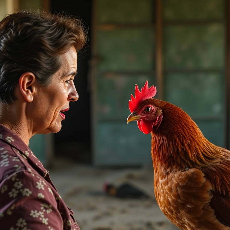 Mulher brasileira preocupada olhando para uma galinha morta, refletindo preocupações familiares.