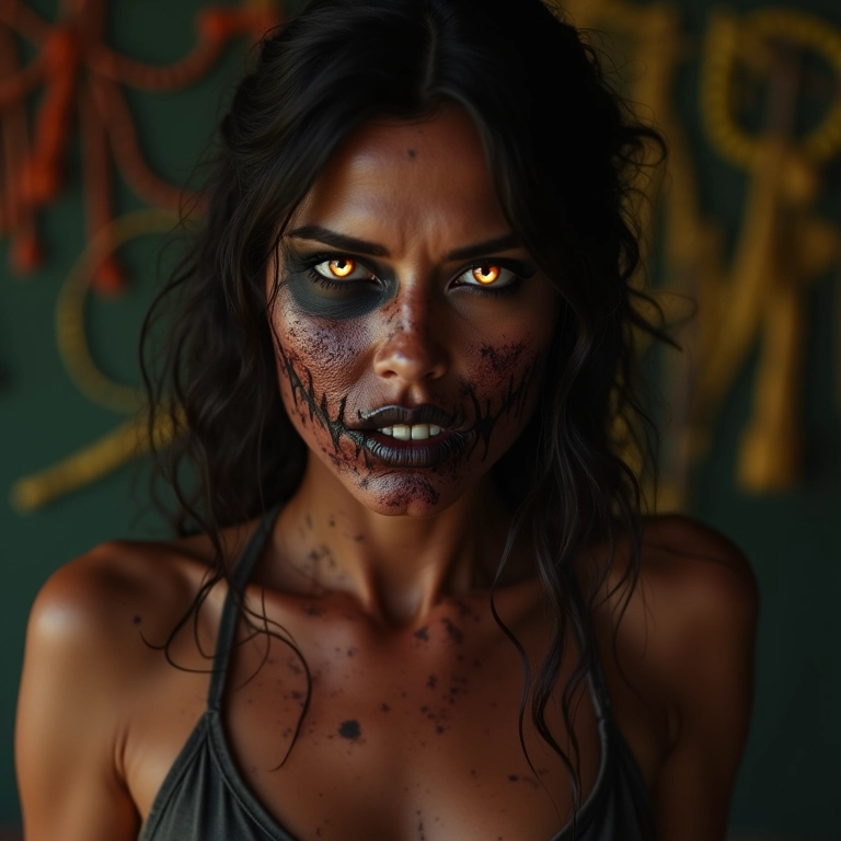 Mulher brasileira se transformando em zumbi com olhar determinado e decoração Farm Rio.