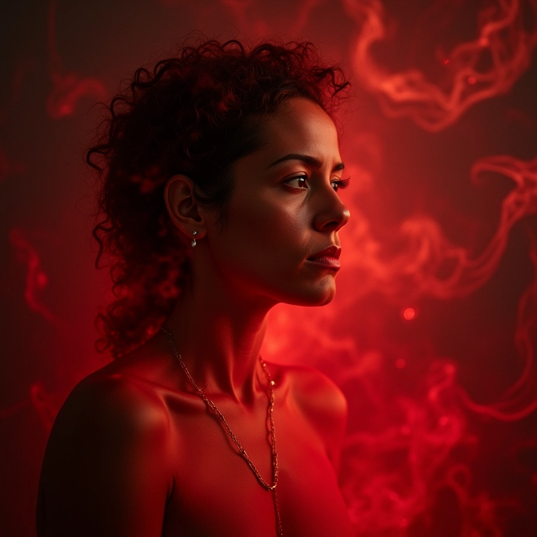 Mulher brasileira sonhando com Xangô, energia vermelha e branca a envolve.