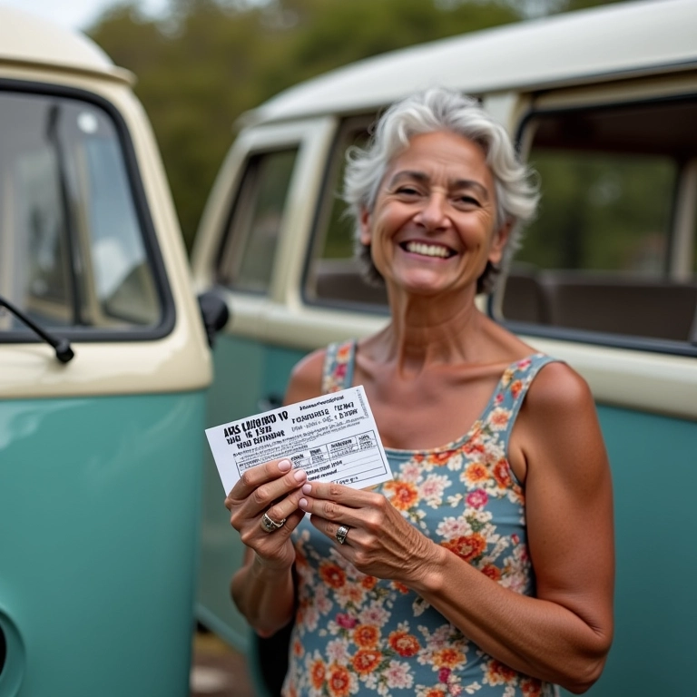 Mulher brasileira sorrindo com bilhete de loteria perto de uma Kombi, esperançosa.