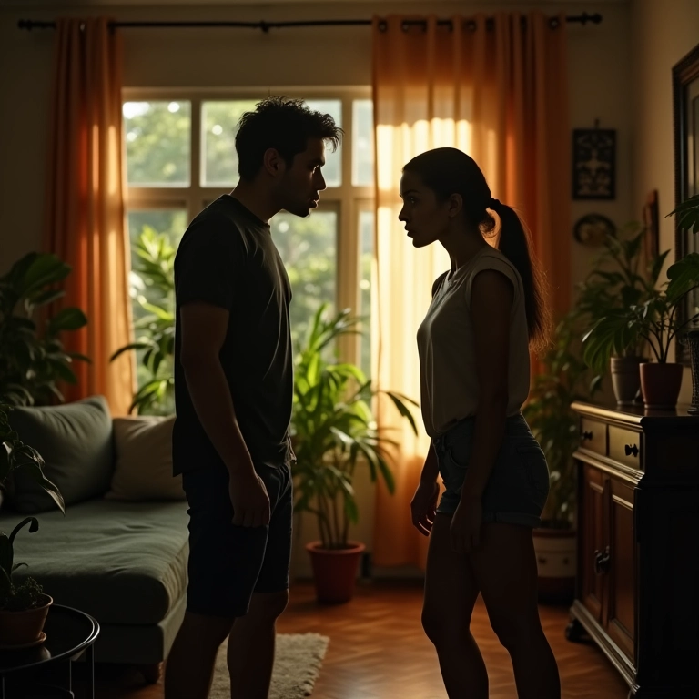 Mulher brigando com figura sombria em sonho. Sala decorada estilo brasileiro vibrante.