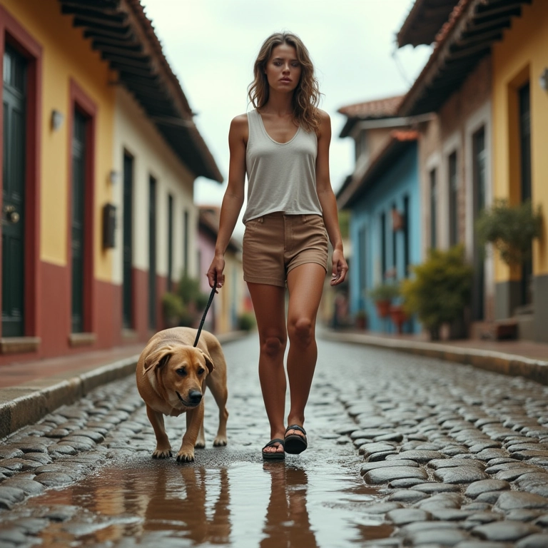 Mulher caminhando com cachorro na rua e vendo xixi.