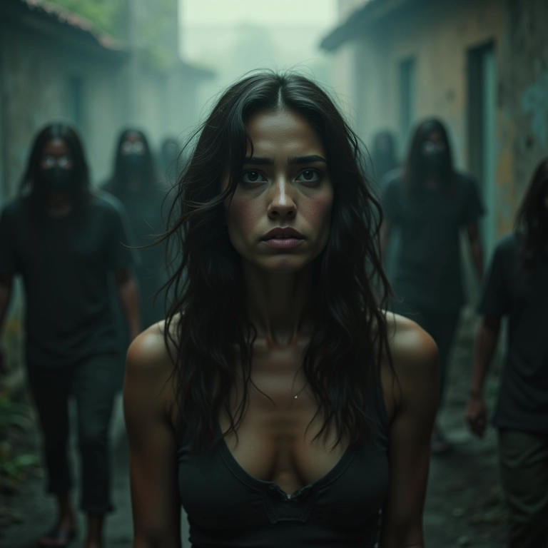 Mulher cercada por zumbis em favela brasileira, expressando medo e determinação.