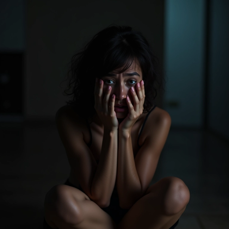 Mulher chorando, sentada no chão em quarto escuro, sentindo culpa.