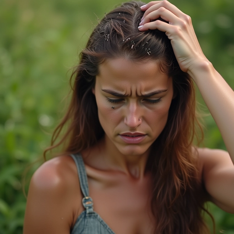 Mulher coçando a cabeça com muitos piolhos visíveis.