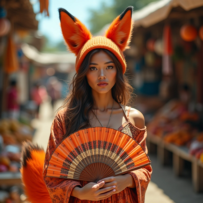 Mulher com orelhas e cauda de raposa em mercado brasileiro.