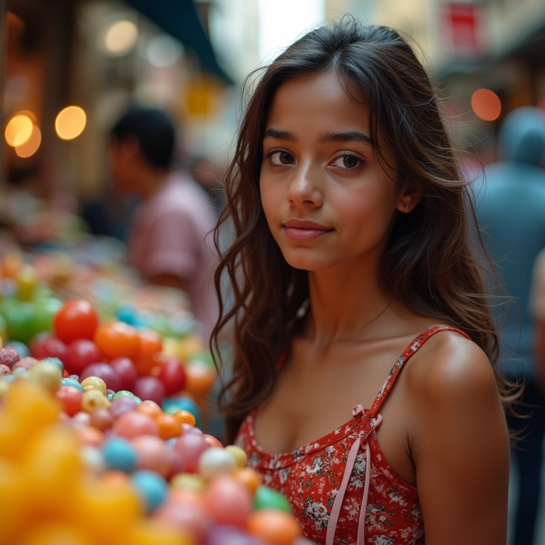 Mulher comprando doces em um mercado de rua vibrante, simbolizando a busca por mais prazer na vida.