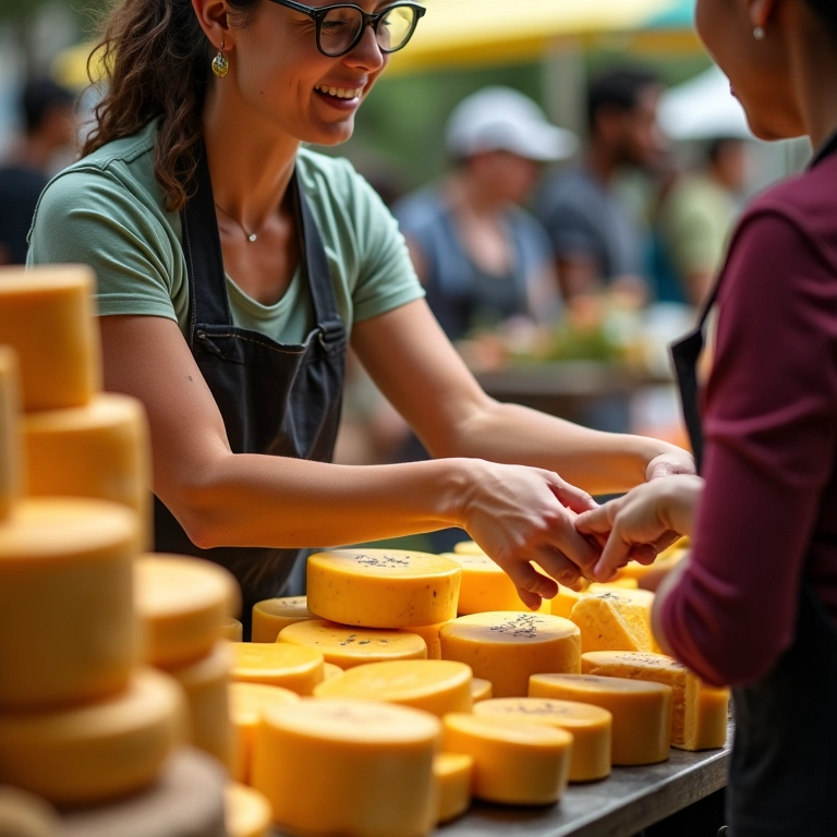 Mulher comprando queijo em feira brasileira, simbolizando sonhos com a compra de queijo.