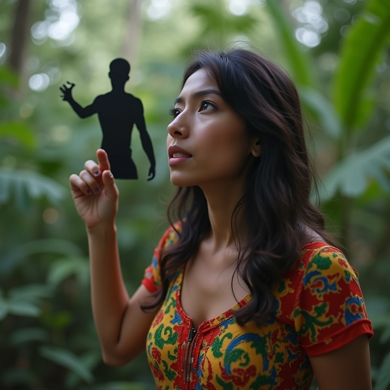 Mulher confusa com um zumbi e um ponto de interrogação sobre a cabeça.