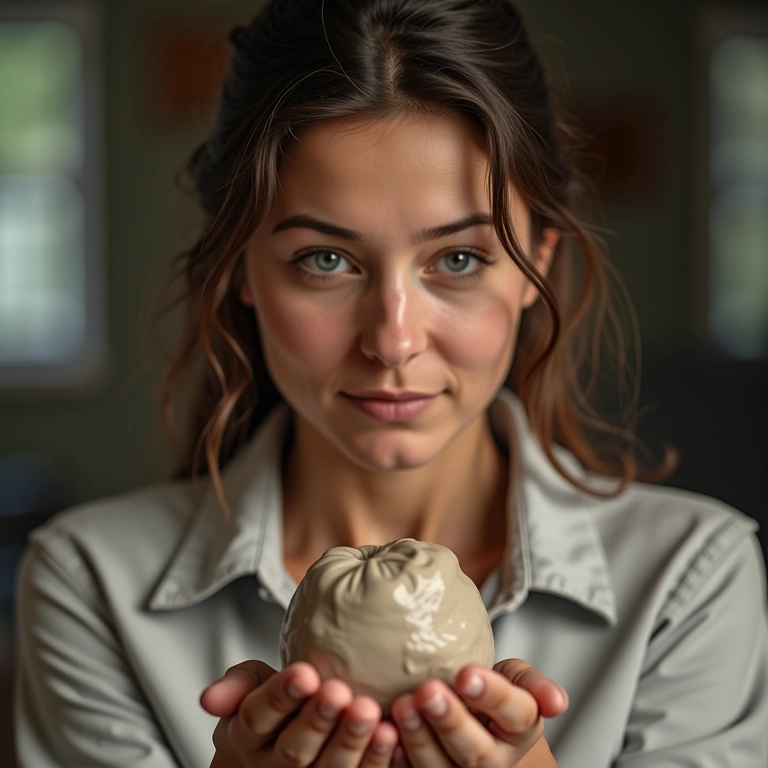 Mulher contempla barro úmido, refletindo sobre sonhos e possibilidades.