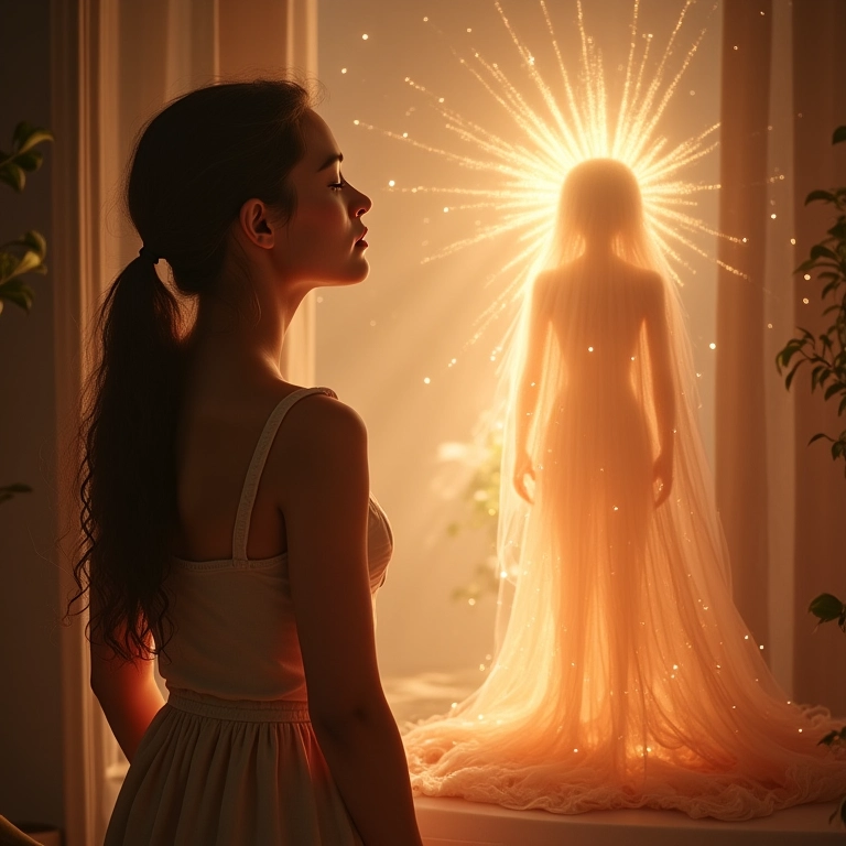 Mulher contemplando figura luminosa, representando sonhos com irmãs.