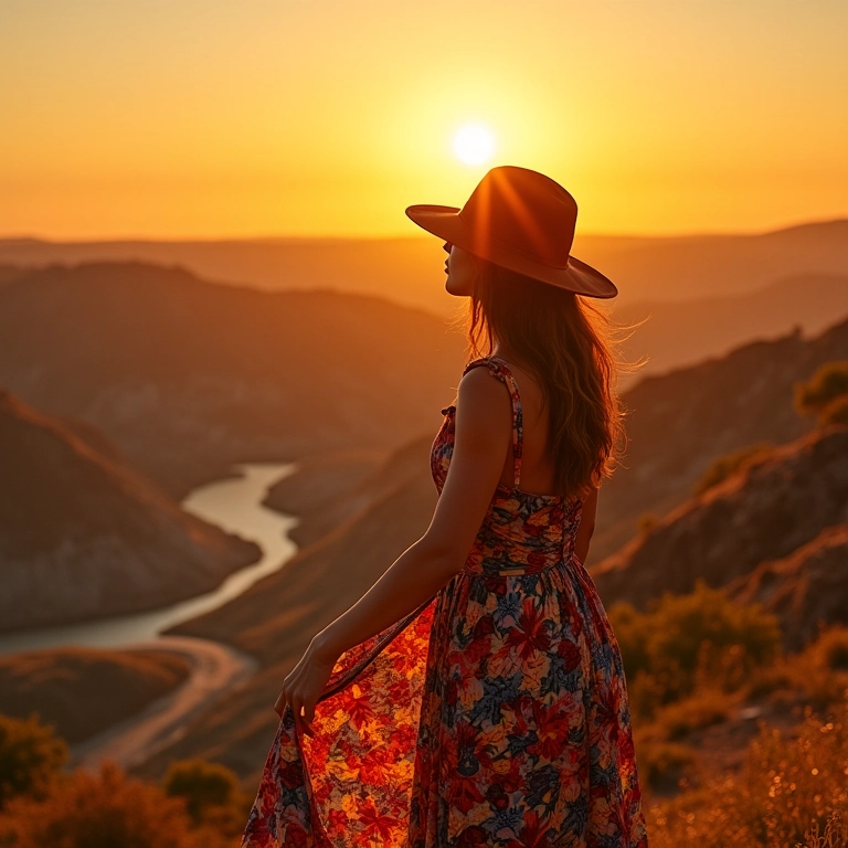 Mulher contemplando mina de ouro ao pôr do sol, refletindo sobre riqueza e valores.