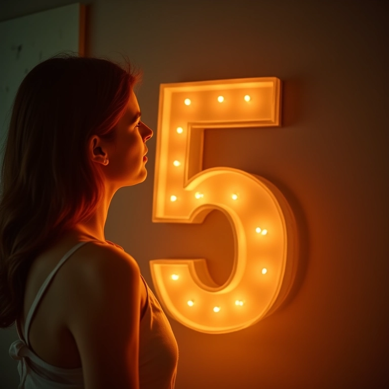 Mulher contemplando o número 5 brilhante, representando sonhos e mensagens ocultas.