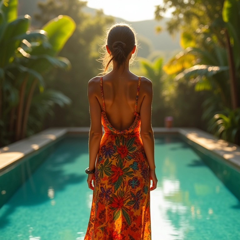 Mulher contemplando piscina ensolarada, refletindo paz interior.