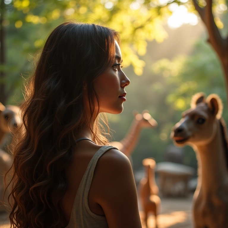 Mulher contemplativa em frente a um zoológico, representando sonhos e significados.