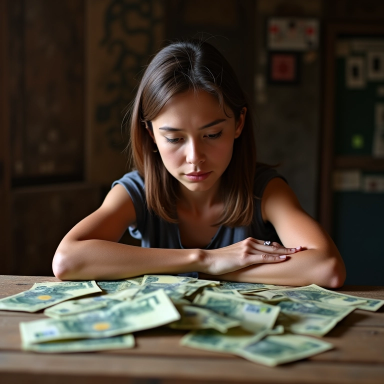 Mulher contemplativa olhando notas de Real, simbolizando sonhos financeiros.
