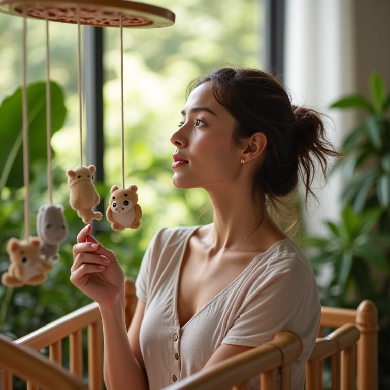 Mulher contemplativa perto de berço vazio, simbolizando sonhos com bebês.