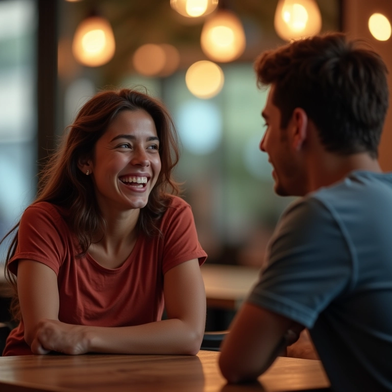 Mulher conversando animadamente com Youtuber famoso em café.