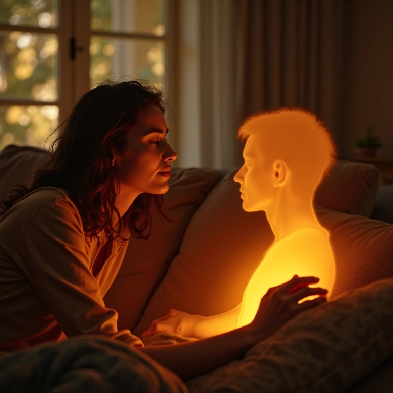 Mulher conversando em sonho com a imagem translúcida do irmão falecido em sala aconchegante.