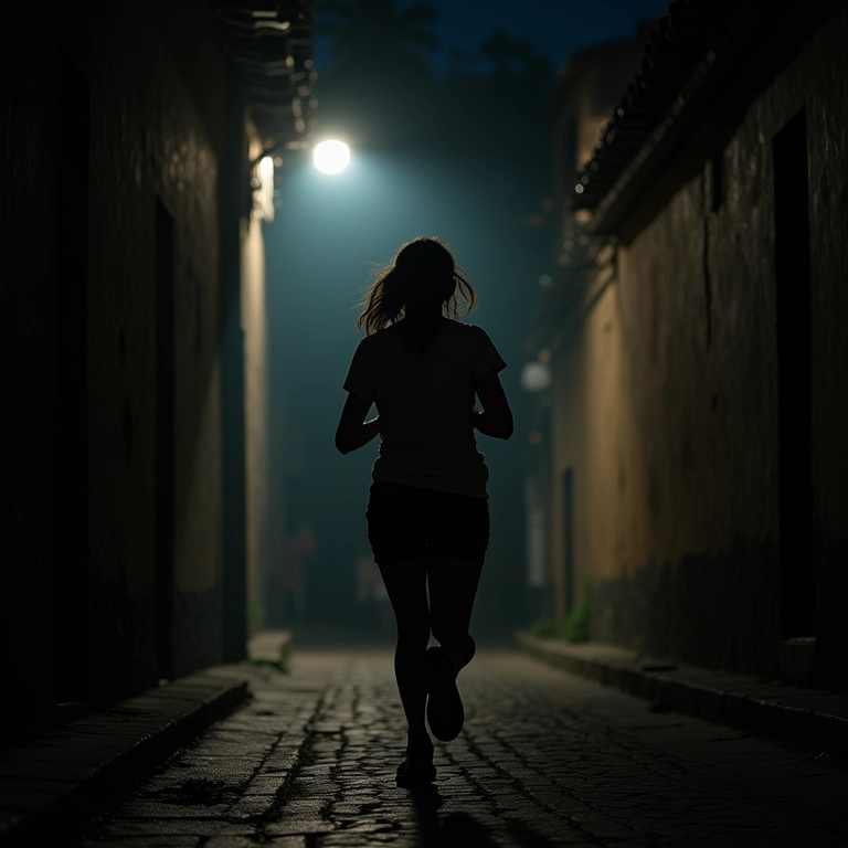 Mulher corre em beco escuro iluminado por luzes fracas.