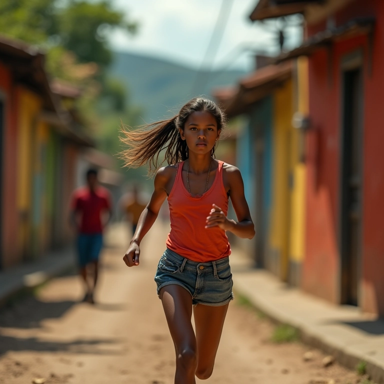 Mulher corre em favela sendo perseguida por figura sombreada.