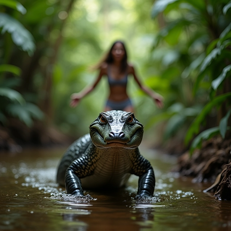 Mulher correndo de um jacaré em floresta, representando fuga de problemas.