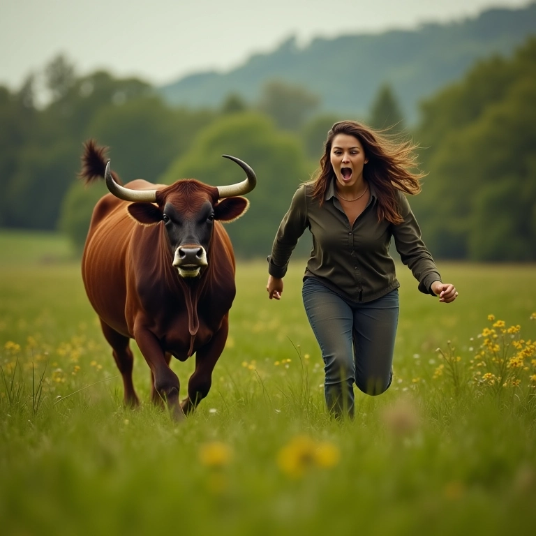 Mulher correndo de vaca brava em um campo, representando um sonho de perseguição.