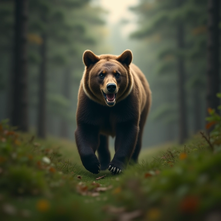 Mulher correndo desesperada na floresta, perseguida por um urso marrom. Representação de um sonho de ataque.