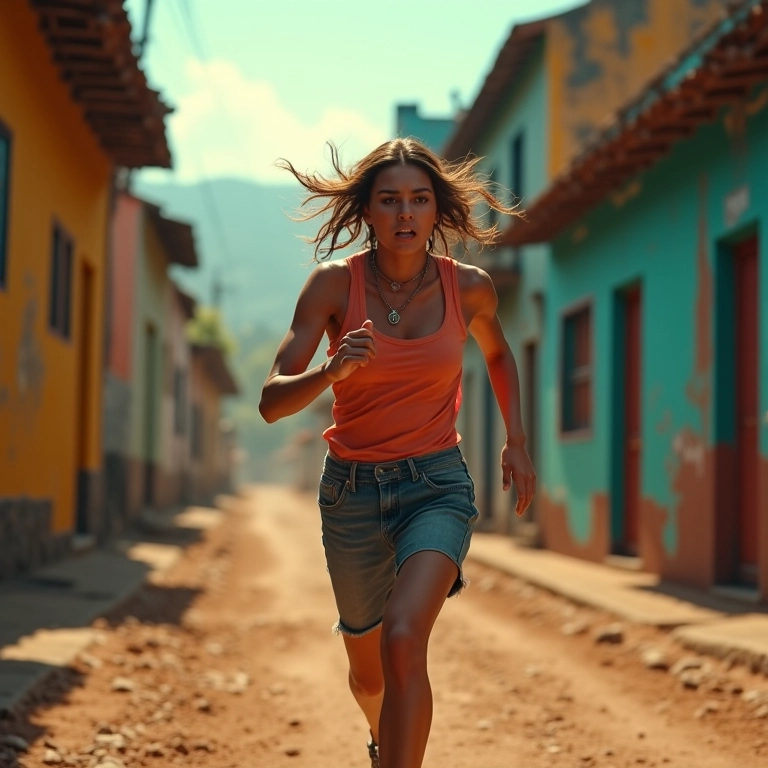 Mulher correndo desesperadamente durante tiroteio em favela.