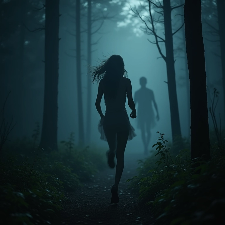 Mulher correndo em sonho, perseguida por figura sombria, medo e ansiedade.