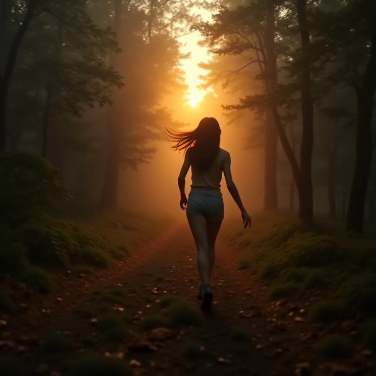 Mulher correndo em uma floresta ao amanhecer, olhando para trás com medo.