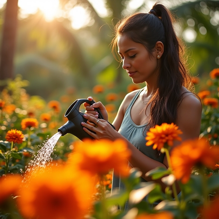 Mulher cuidando das flores em um jardim, expressão serena, superação.