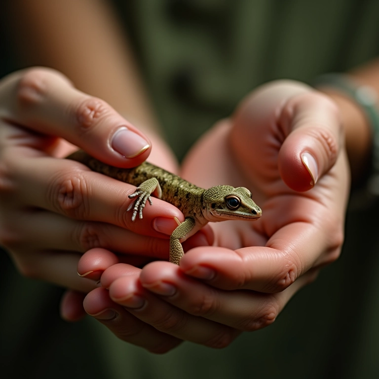 Mulher cuidando de lagartixa ferida, simbolizando cura.