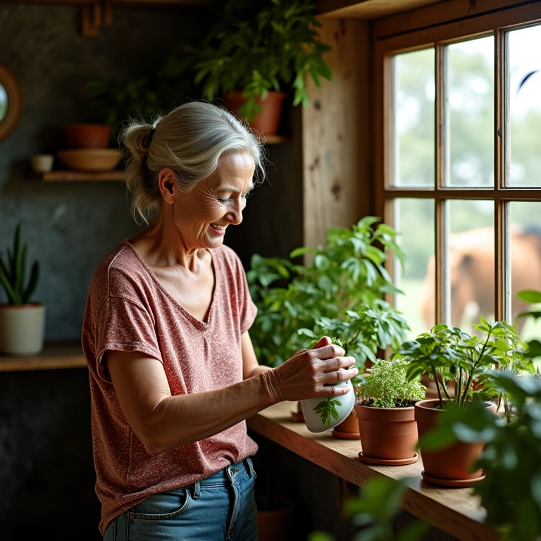 Mulher cuidando de plantas em casa com vaca mansa ao fundo, representando paz e prosperidade no lar.