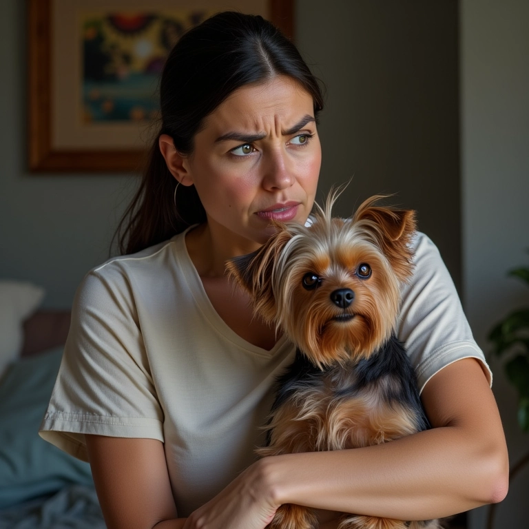 Mulher cuidando de Yorkshire ferido, simbolizando cuidado com a saúde.