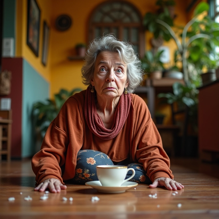 Mulher de meia-idade chocada em casa com xícara quebrada no chão.