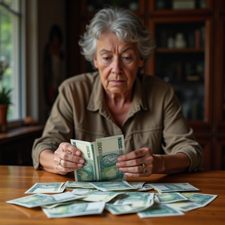Mulher de meia-idade contando notas de Real em mesa de madeira.