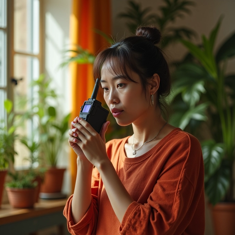 Mulher de meia-idade de ascendência asiática falando em walkie-talkie em sala ensolarada brasileira.
