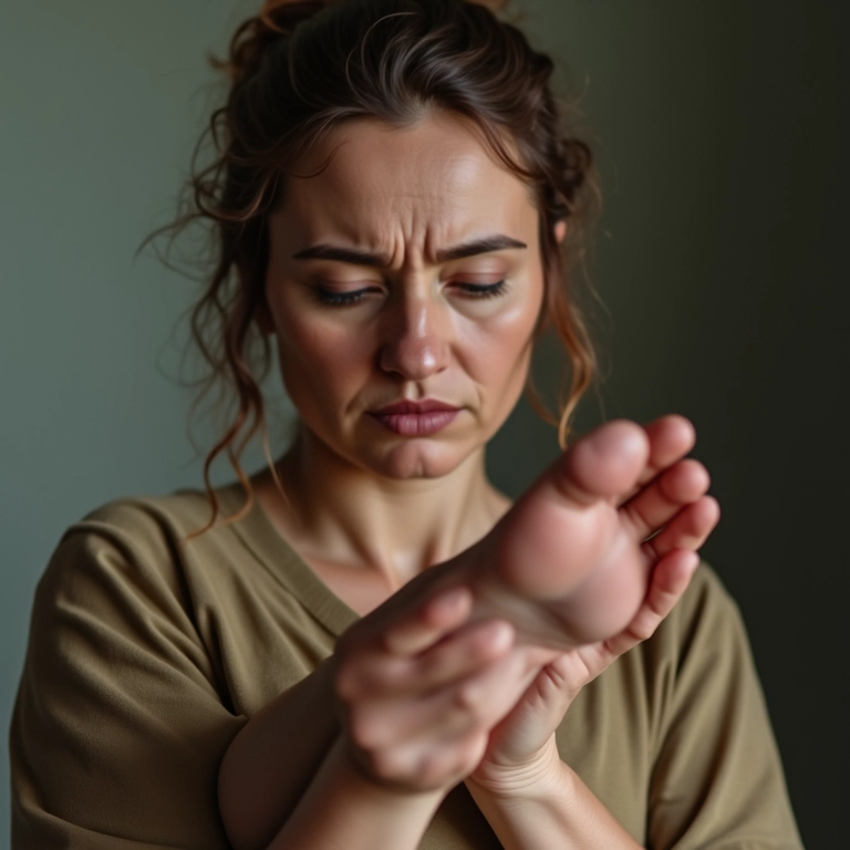 Mulher de meia-idade olhando para o pé com expressão preocupada após sonho com mordida.