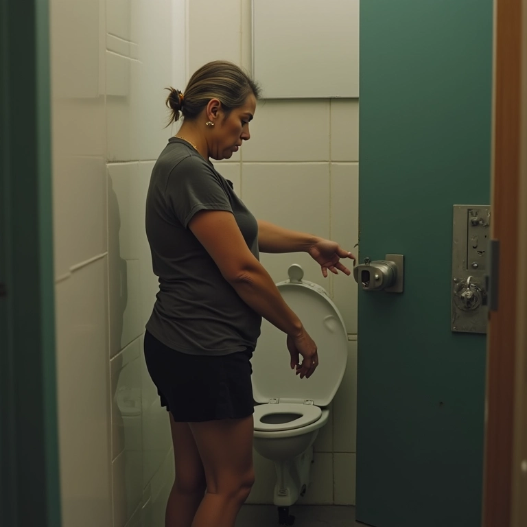 Mulher de meia-idade visivelmente estressada usando um vaso sanitário em um banheiro público.
