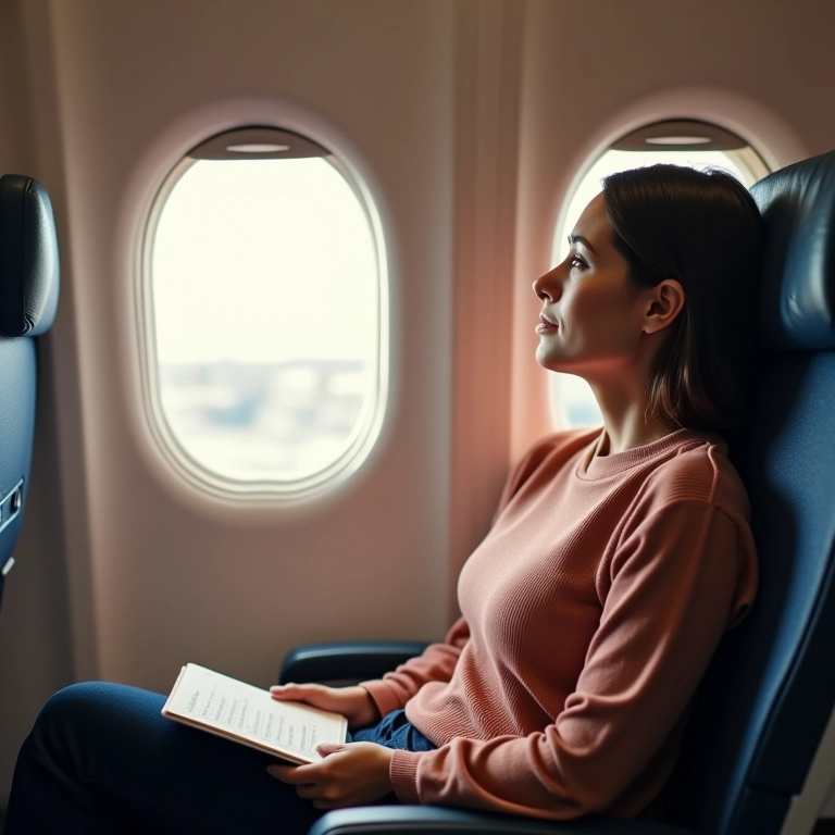 Mulher dentro de um avião, olhando a paisagem