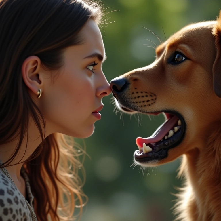 Mulher desconfiada olhando para um cachorro conhecido mostrando os dentes.