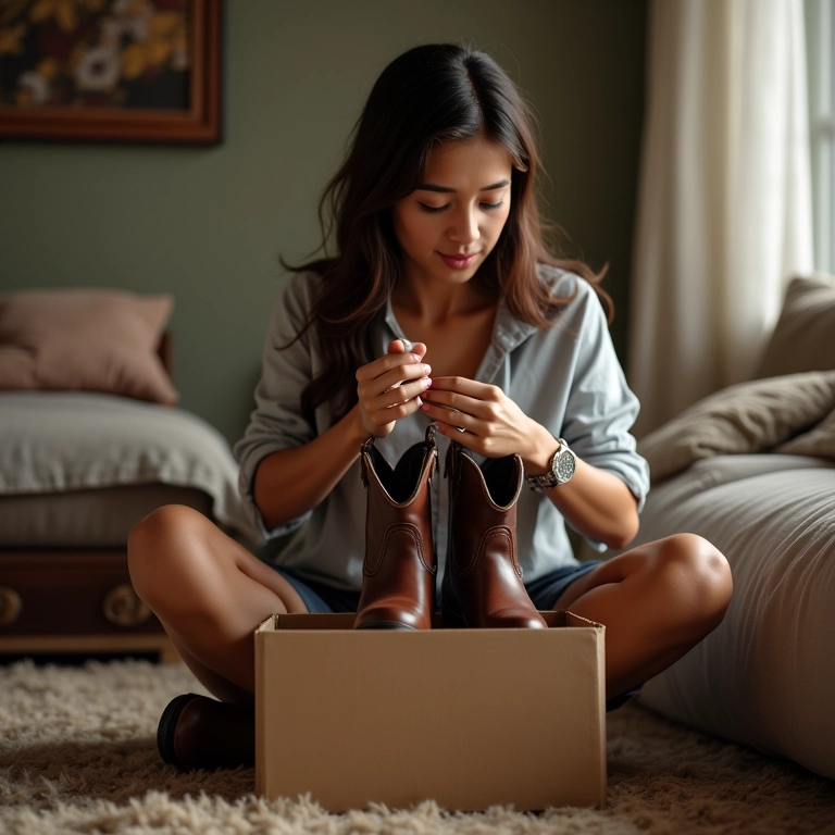 Mulher desembalando botas novas de couro.