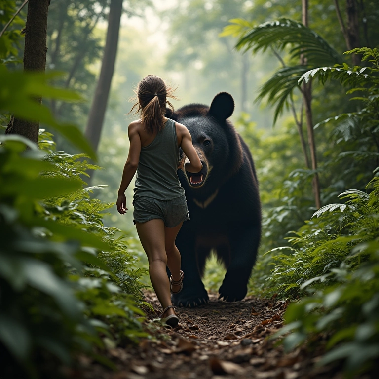 Mulher desesperada foge de urso preto em floresta densa.