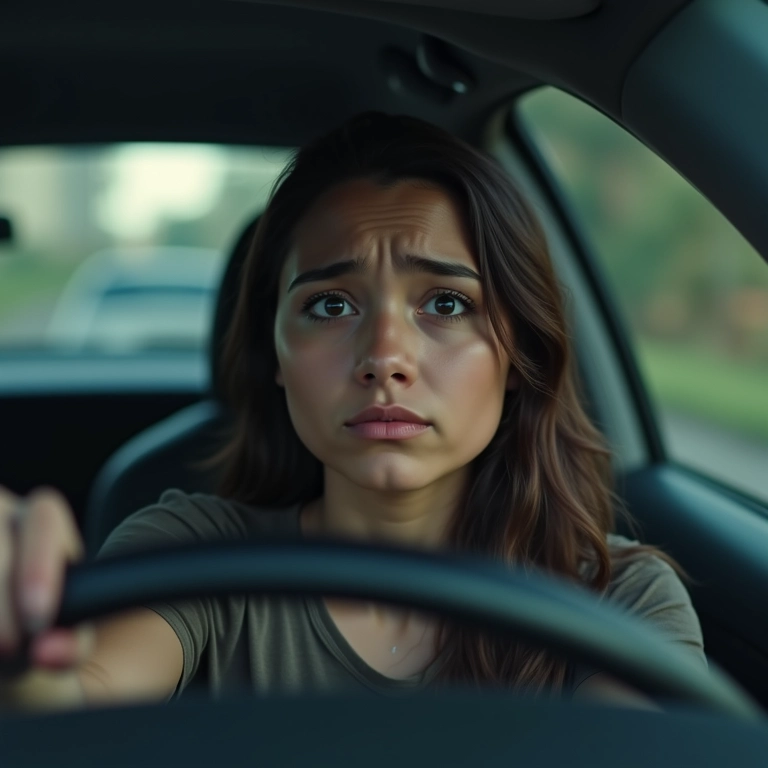 Mulher dirigindo carro que está sofrendo acidente, expressão de preocupação.