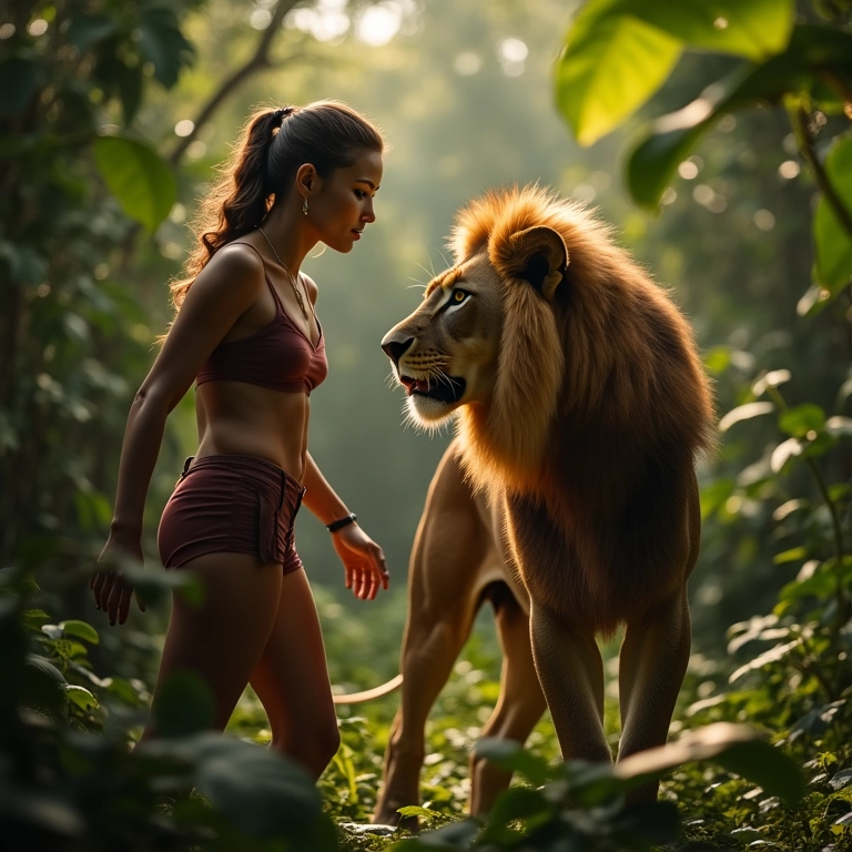 Mulher domando leão em cenário tropical.