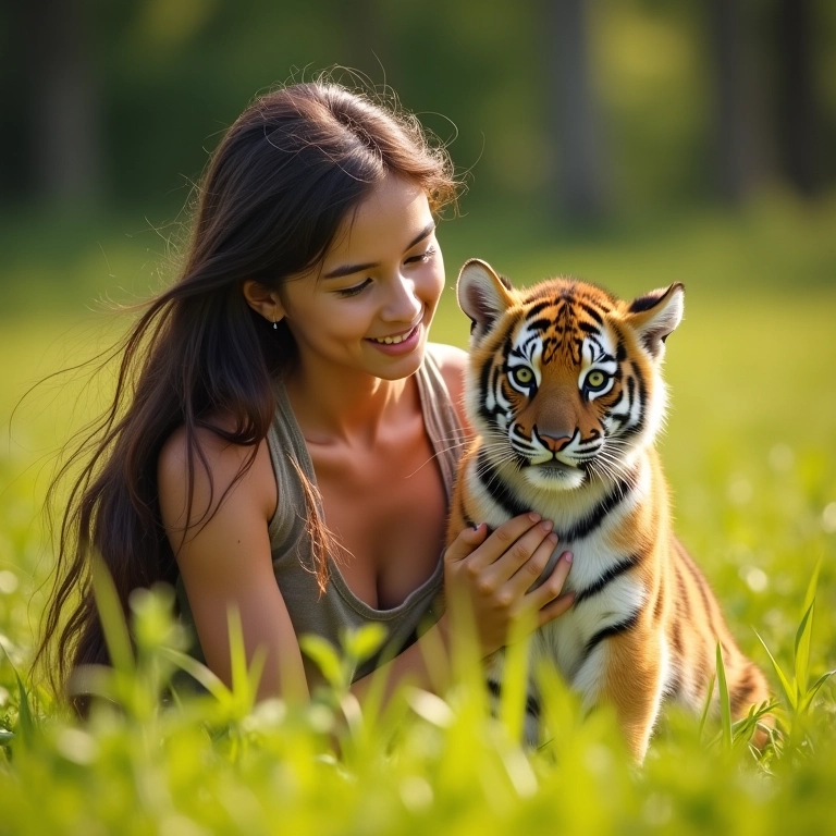 Mulher domando um filhote de tigre em um campo ensolarado.