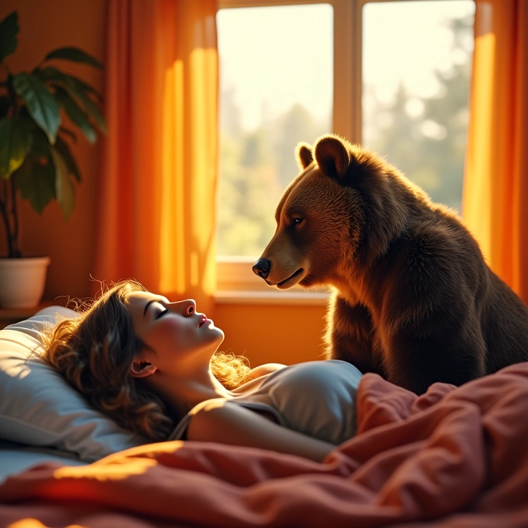 Mulher dormindo em quarto colorido com espírito de urso guardião, representando sonhos com ursos.