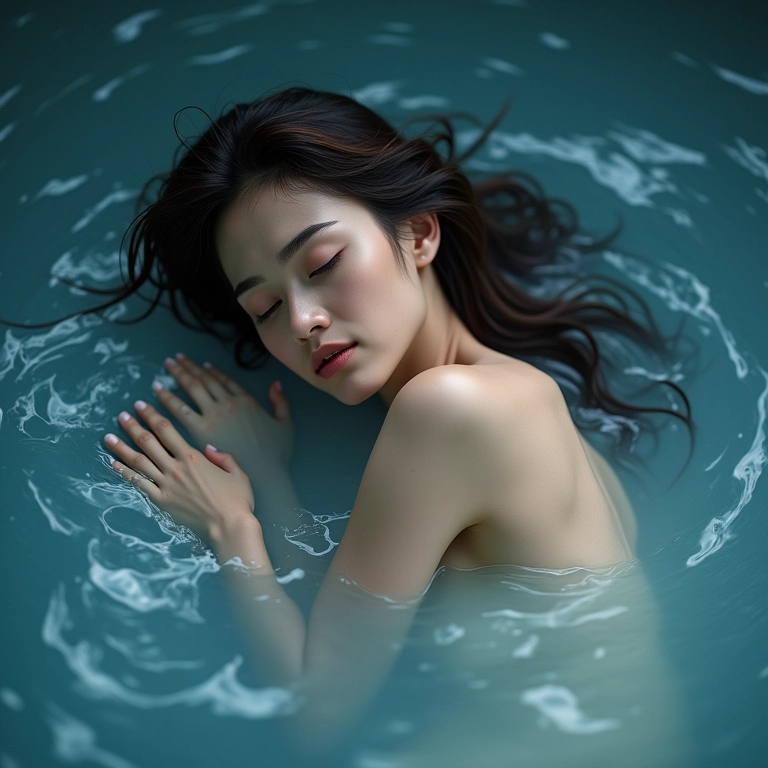 Mulher dormindo serenamente, sonhando com água corrente.