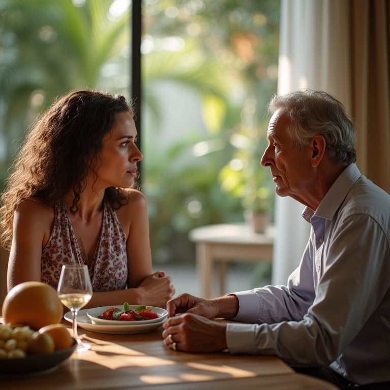 Mulher e homem mais velho discutindo em sala de jantar.